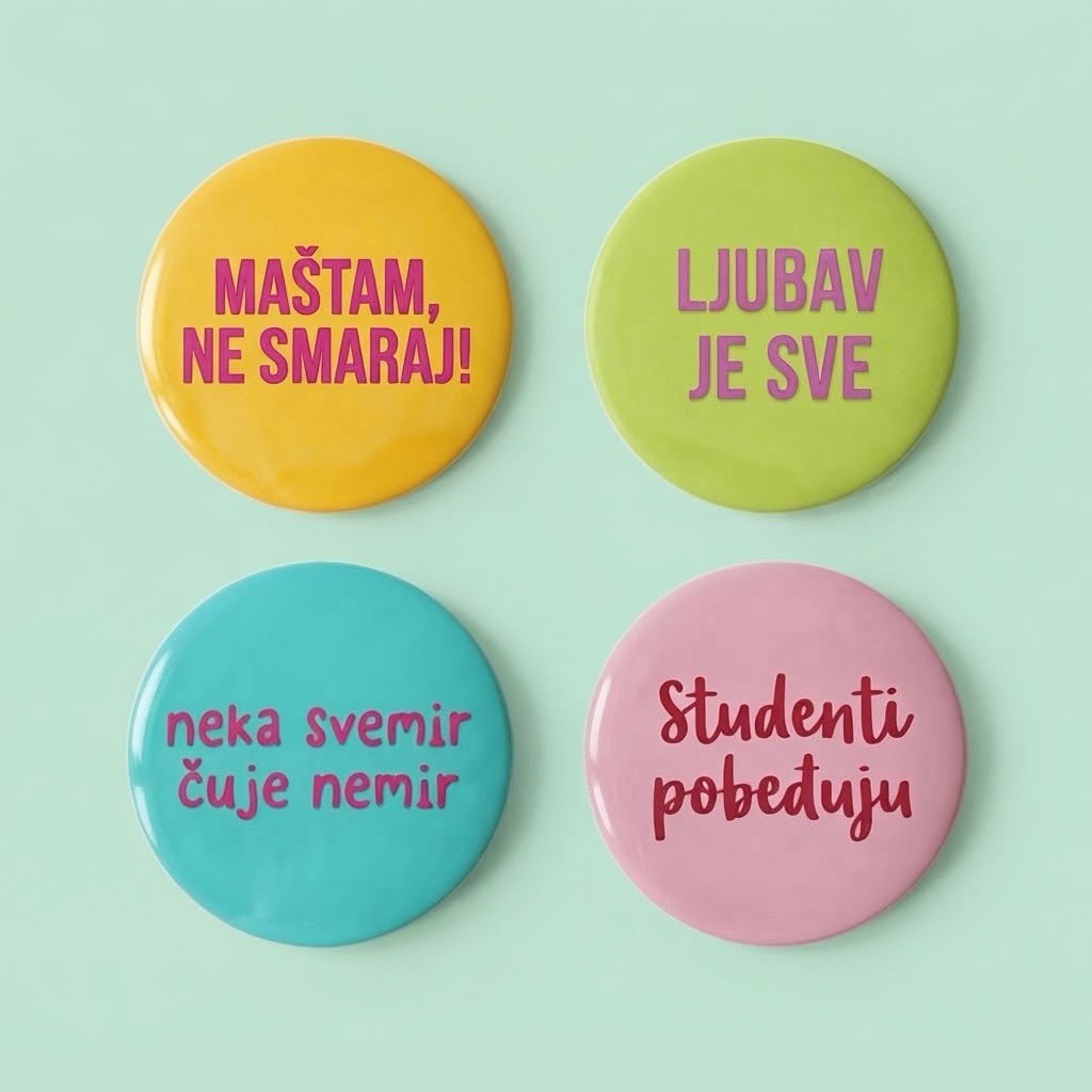Četiri okrugla bedža u žutoj, zelenoj, tirkiznoj i roze boji, natpisi Maštam ne smaraj, Ljubav je sve, Neka svemir čuje nemir i Studenti pobeđuju
